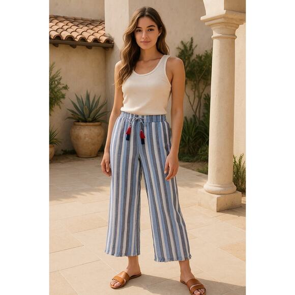 Indigo Rein Striped Wide Leg Linen Blend Pull On Pants with Tassel Tie - Small - Picture 1 of 11